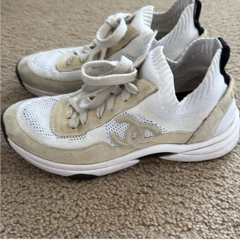 CHANEL Cream Sneakers with Chunky Midsole and Mesh Overlay